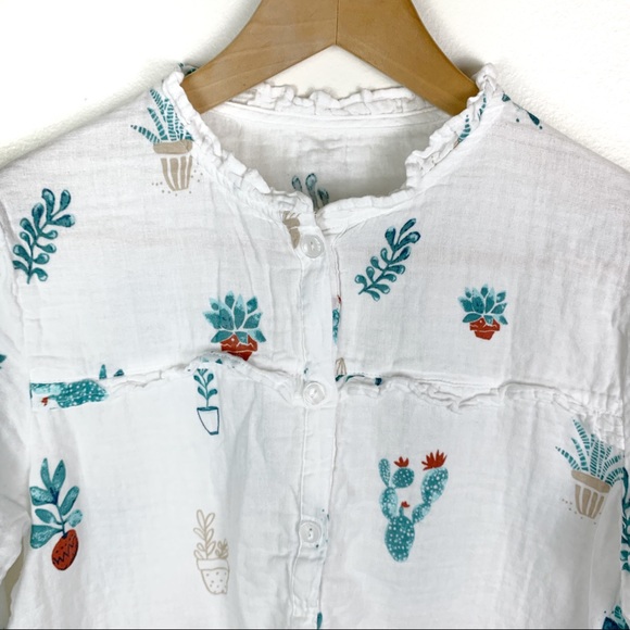Succulent Print Button Up Long Sleeve White Blouse - Picture 3 of 5